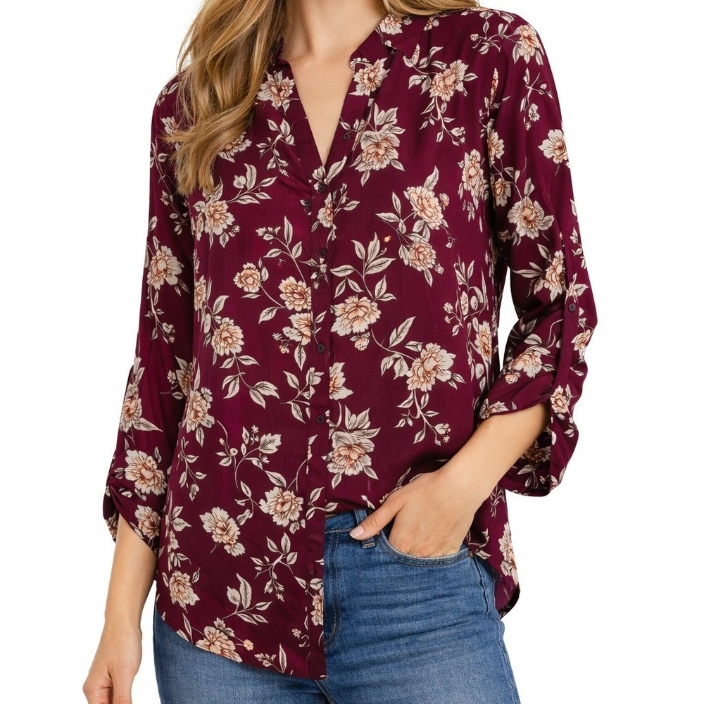 Floral‎ Blouse Womens Medium Burgundy Roll Tab Sleeve Button Down
